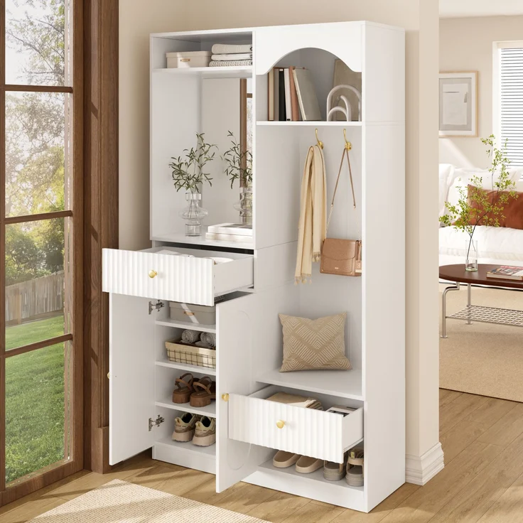 Kompaktgarderobe mit Spiegel und Sitzbank,Flurgarderobe mit Schuhschrank und Haken, Kleiderhaken,Kompaktgarderobe,Flurmöbel Set,Flurgarderobe,LED-Streifen mit einstellbarer Farbe--Weiß--100x35x180cm--YOUDENOVA – Bild 3