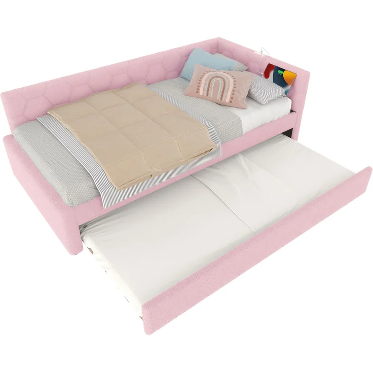 Daybett, 90*200cm Tagesbett, Schlafsofa, Bett mit Lattenrost (ohne Matratze), mit Nachttischlampe, mit multifunktionalem Ausziehbett, USB-Anschluss, Typ-C, Komfortmaterial, Boucle, Rosa – Bild 8