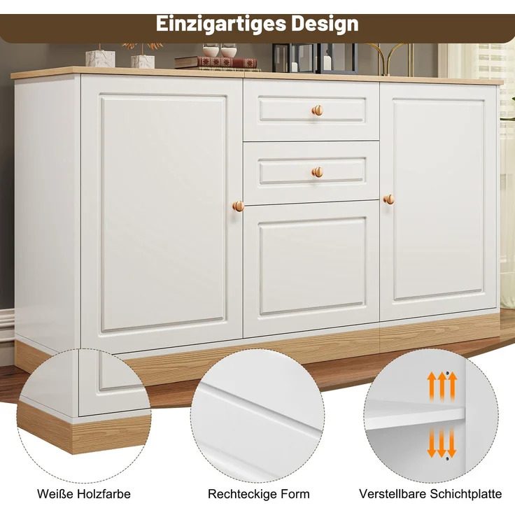 DESVIAE Sideboard mit 3 Türen und 2 Schubladen 135,5x76x39 cm Spanplatte Weiß/Holzoptik – Bild 4