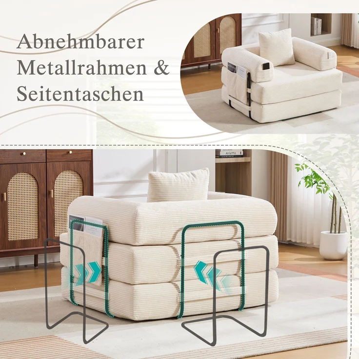 LVHOM 3-in-1 Schlafsessel, Klappsofa mit Schlaffunktion, Einzelschlafsofa mit Seitentaschen und Kissen, Polstersofa aus Cordstoff, frei Kombination, Beige – Bild 5