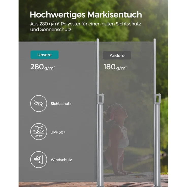 SONGMICS Alu-Seitenmarkise, ausziehbar, 180x350 cm, Blickdicht, Sonnenschutz, blickdicht, Seitenrollo, für Balkon, Terrasse, Garten, grau GSA185G01 – Bild 4
