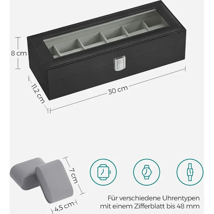 Songmics Uhrenbox für 6 Uhren, Uhrenkasten mit Glasdeckel, Uhrenkissen aus Samt, Uhrenkoffer mit Schloss, 11,2 x 30 x 8 cm, Geschenkidee, PU-Bezug in Schwarz, Samtfutter in Grau JWB06BK – Bild 6