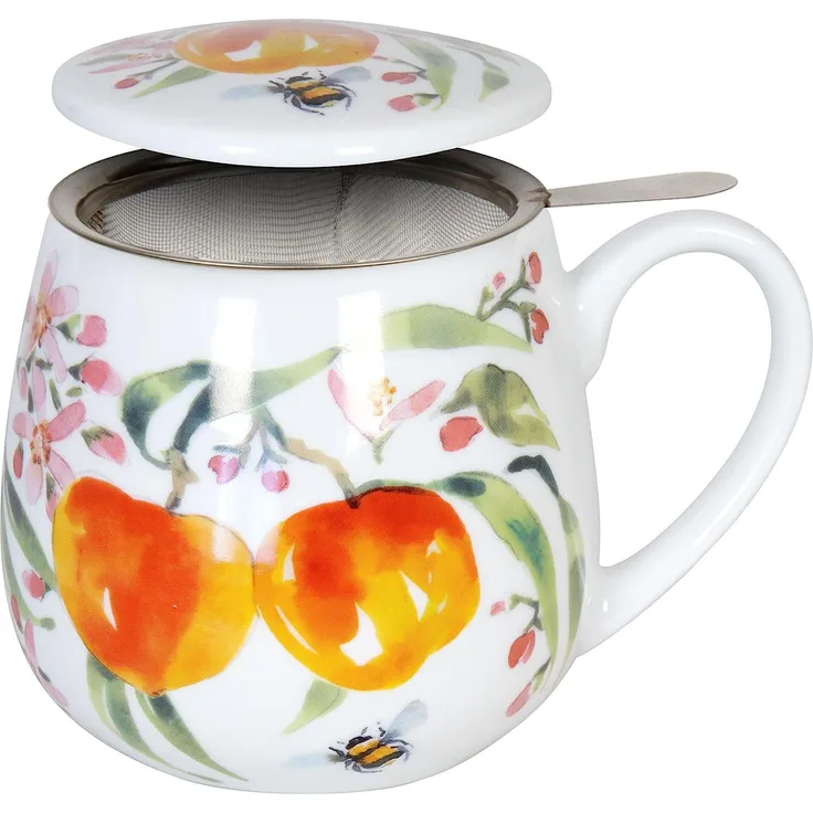 Könitz Tea For You Becher Fruity Tea Peach - Victoria Lowe, Teebecher, mit Sieb und Deckel, Porzellan, 420 ml, 11 5 143 2606