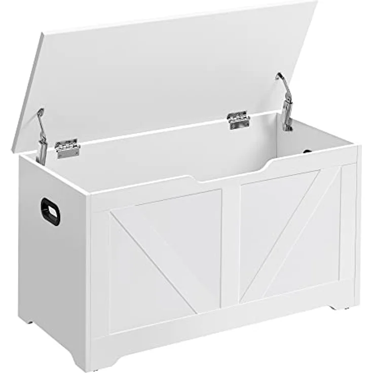 VASAGLE Schuhbank, Sitzbank mit Stauraum, Sitztruhe, 2 Sicherheitsscharniere, Aufbewahrungsschrank, Landhausstil, 40 x 80 x 46 cm, für Flur, Schlafzimmer, Wohnzimmer, wolkenweiß LSB062T14 – Bild 2