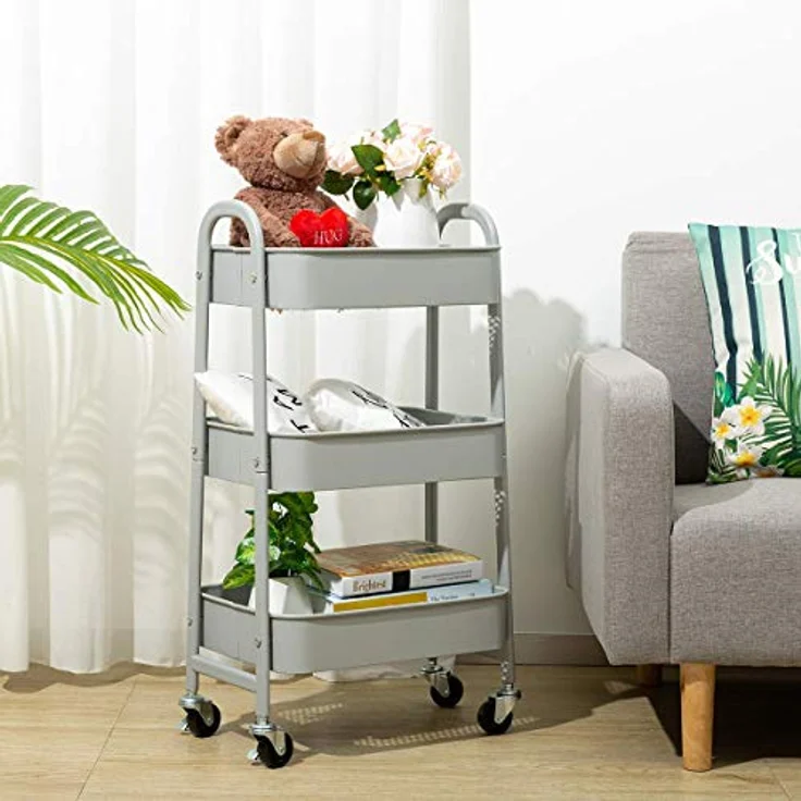 DOEWORKS Rollwagen Metall Aufbewahrungswagen Küchenwagen 3-Etagen, Servierwagen Organizer Wagen für Wohnzimmer Schlafzimmer Make-up Badezimmer Büro, Grau – Bild 4