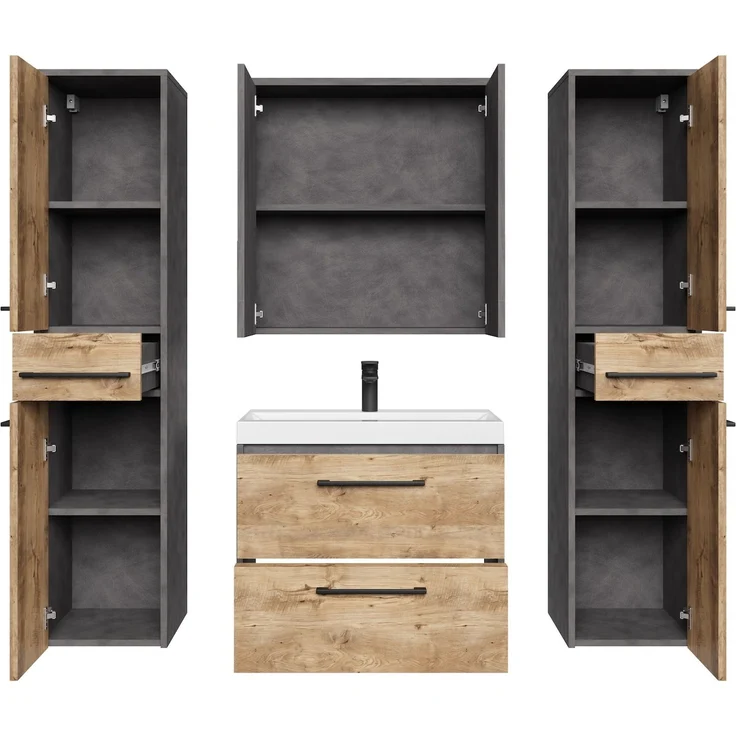 Badplaats Badmöbel Komplettset Florence XL 60 x 35 cm Kastanien Eiche mit Dunkel Grau - Badezimmermöbel mit Waschbecken, Spiegelschrank und 2 Hochschränke – Bild 4