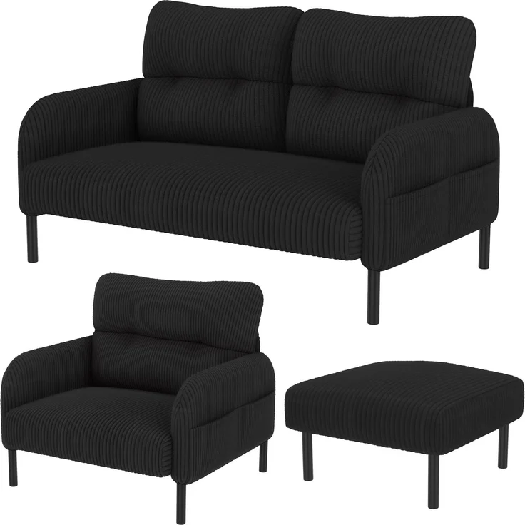 Sofaset aus Cord, 3-teilig mit Sessel, Hocker & 2-Sitzer, 120 x 75 x 79 cm, schwarz – Bild 3