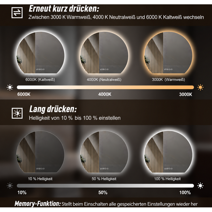Badspiegel 80x80 cm mit LED-Beleuchtung, Antibeschlagfunktion und Anzeige, Silber – Bild 8