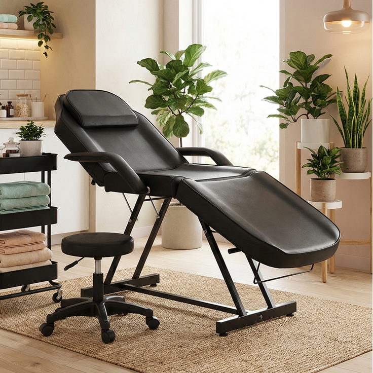 HOME NATURE WOHNKONZEPT Kosmetikliege mit Rollhocker, klappbare 3-Zonen Massageliege für Beauty, Spa, Tattoo & Salon, 182 x 81 x 74 cm, Schwarz – Bild 6