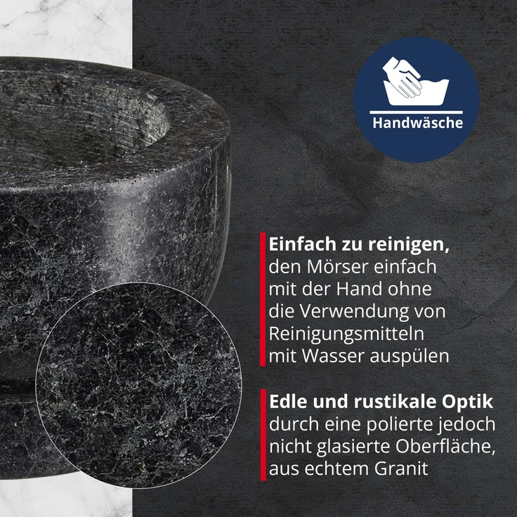 MEISTERKOCH Mörser mit Stößel Granit für Gewürze, Schwarz groß XXL mit 3,5 kg rutschfest, polierter Steinmörser, Innenfläche & Stößelspitze rau, Gewürzmörser massiv mit 15cm Ø & 450ml – Bild 4