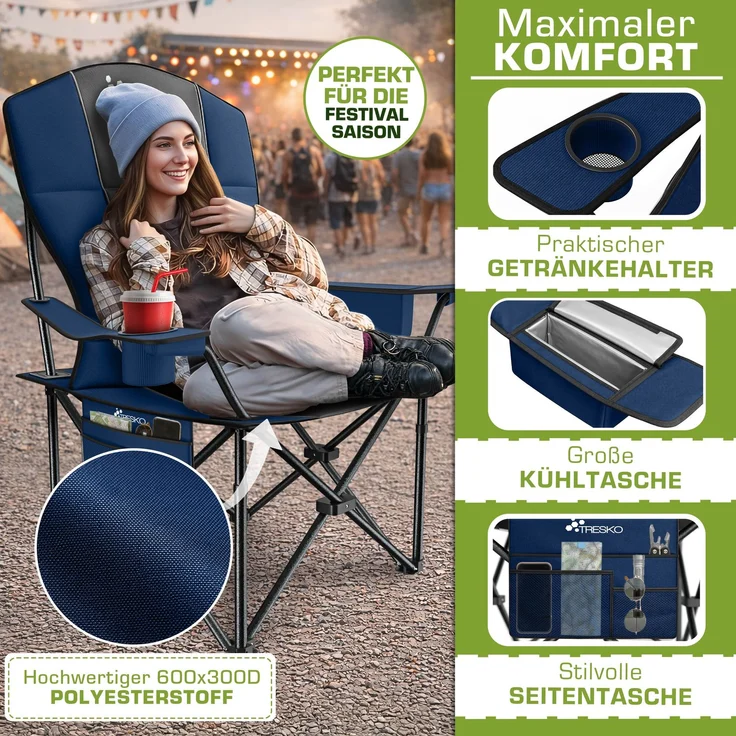 TRESKO® Campingstuhl Faltbar bis 200kg | Faltstuhl mit Kühltasche, Getränkehalter & Seitentasche | Klappstuhl XXL inkl. Tragetasche | Angelstuhl gepolstert für Outdoor, Angeln, Festival & Garten – Bild 5