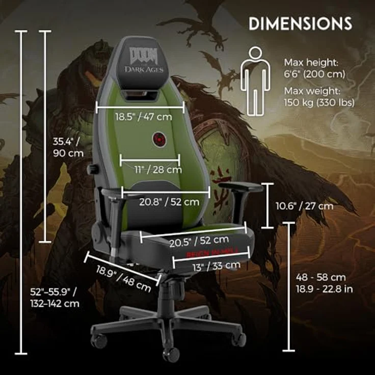 noblechairs LEGEND Gaming Stuhl - DOOM: The Dark Ages Edition, schwarzer Kunstlederbezug mit grünen Akzenten, Kaltschaumpolsterung, bis 150 kg belastbar, ergonomisch verstellbar – Bild 2