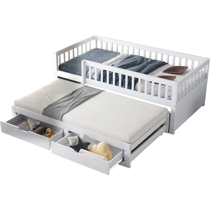 EINHOM Massivholz-Schlafsofa 90 x 200 cm, Vollverkleidetes Sicherheitsgitter, Ausziehbares Bett mit 2 Schubladen Darunter, mit Lattenrost, Kinderbett Jugendbett Gästebett Erwachsene, Weiß (Ohne Matratze) – Bild 6