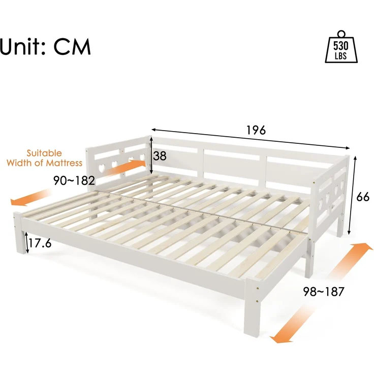 Herzform Schlafsofa, Daybed ausziehbar, Kinderbett und Gästebett, weißes Polster, Kiefernholz, platzsparend – Bild 8