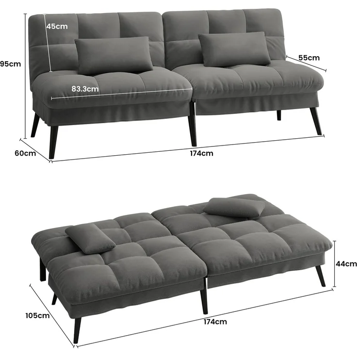COMHOMA Schlafsofa mit Schlaffunktion – Futonbezug ausklappbar – Ecksofa – Gästesofa 3-Sitzer – mit Verstellbarer Rückenlehne aus grauem Stoff – Bild 3