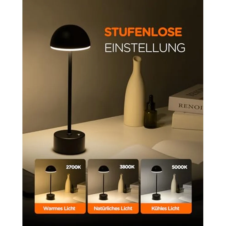 TOMONS LP01011, Schwarze LED Schreibtischlampe mit Touch-Steuerung, einstellbarer Helligkeit und Farbtemperatur, 4000mAh Akku, für Schlafzimmer, Wohnzimmer, Restaurant, Studie, Terrasse – Bild 2