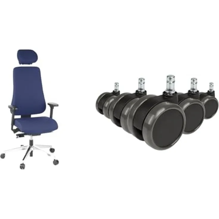 hjh OFFICE 608410 Profi Bürostuhl PRO-TEC 400 Stoff Blau Drehstuhl ergonomisch & 619010 5X Hartbodenrollen für Bürostuhl ROLO Stift 11 mm/Rolle 65 mm Drehstuhl Rollen für Hartböden