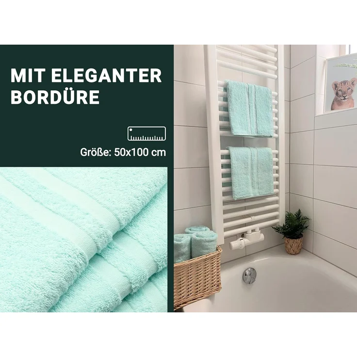 10er Set Handtücher, 50x100 cm, dezente Streifenbordüre, hellblau – Bild 4