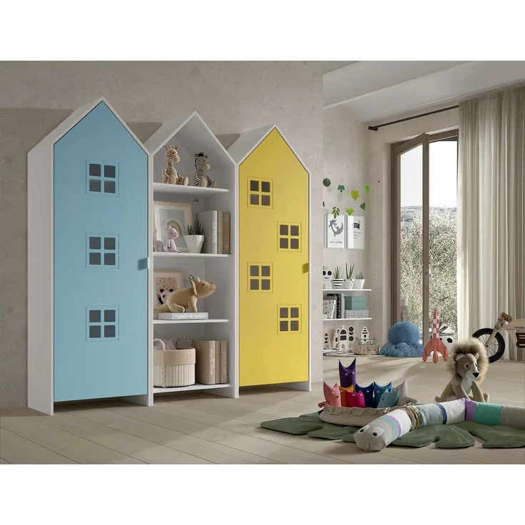 Kleiderschrank >CASAMI BRUGES< in Korpus Weiß / Front Blau u. gelb, MDF