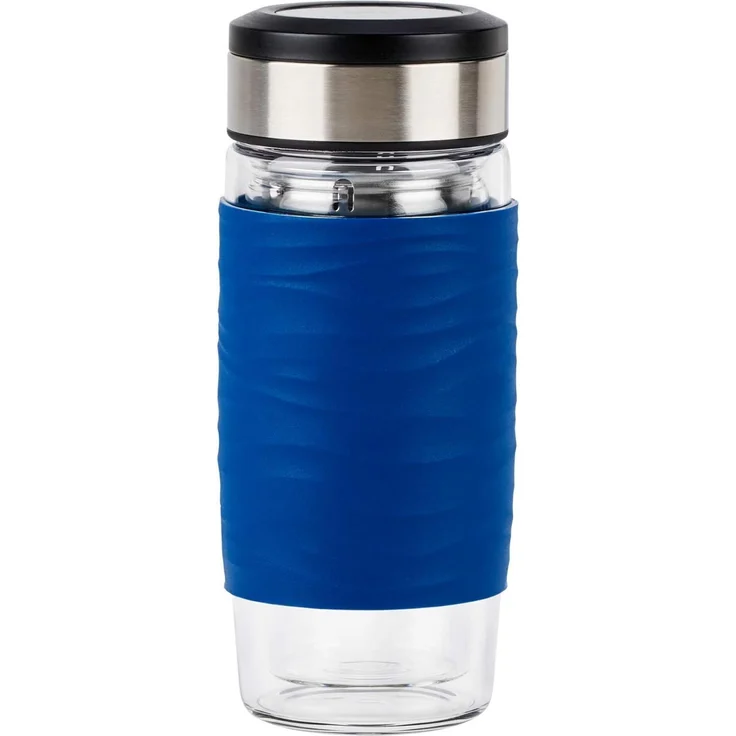 EMSA 'Tee Mug' Teebecher mit Sieb, doppelwandiges Glas, Silikonmanschette, blau, 400 ml – Bild 1