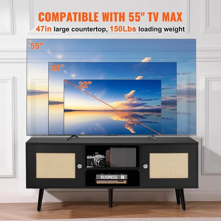 VEVOR Rattan-TV-Ständer, Fernsehschrank Boho-TV-Schrank für 140 cm Fernseher, Retro-TV-Ständer, Rattan-TV-Konsole mit verstellbaren Regalen & 2 Türen, für Wohnzimmer, Medienraum, Schwarz – Bild 3