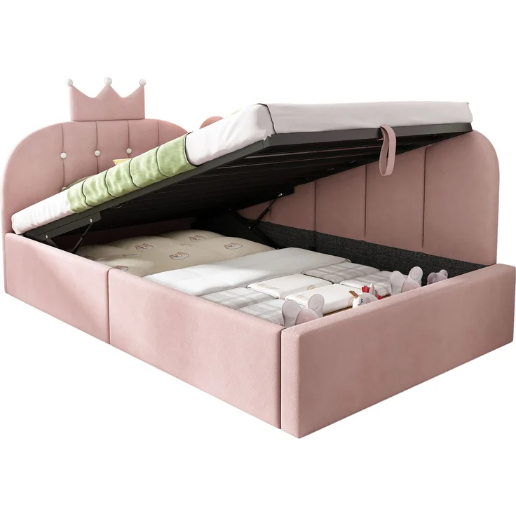 Merax Einzelbett 90x190 cm, Kinderbett, Polsterbett, Daybett, Tagesbett-Schlafsofa mit Stauraum (hydraulisch), Gästebett L-Form Samt, Rosa – Bild 10