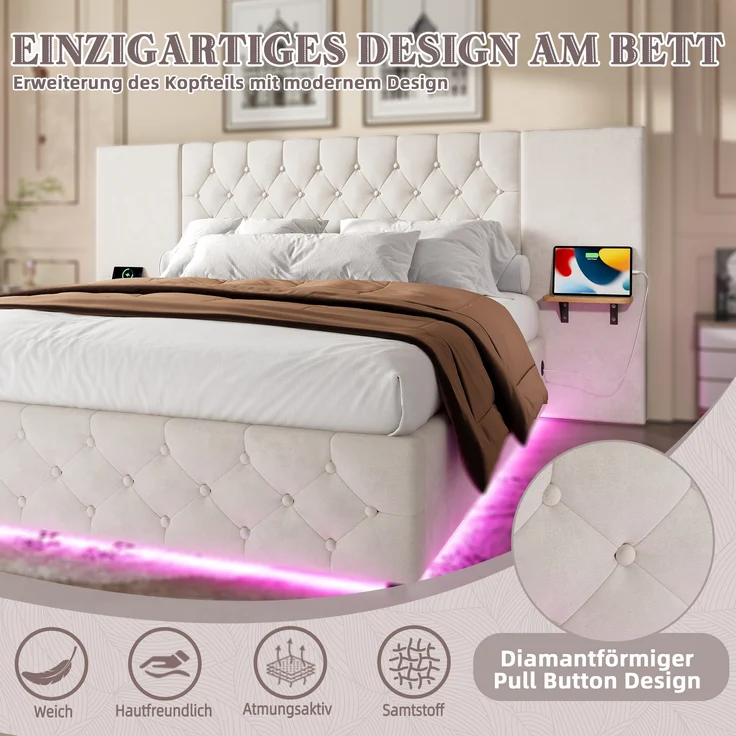 LVHOM Boxbett 140x200cm diamantgeprägtem Knopf Bettgestell, Samt, LED, langes Kopfteil, USB-Ladeanschlüssen, hydraulischem Stauraum-System, freie Staubschutzhülle für Stauraum als Geschenk – Bild 3