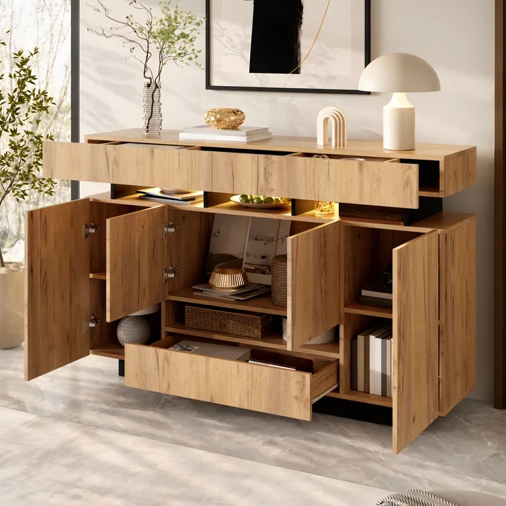 Sideboard B 140 x T 35 x H 90 cm aus Spanplatte in Natur/Schwarz mit RGB-Beleuchtung