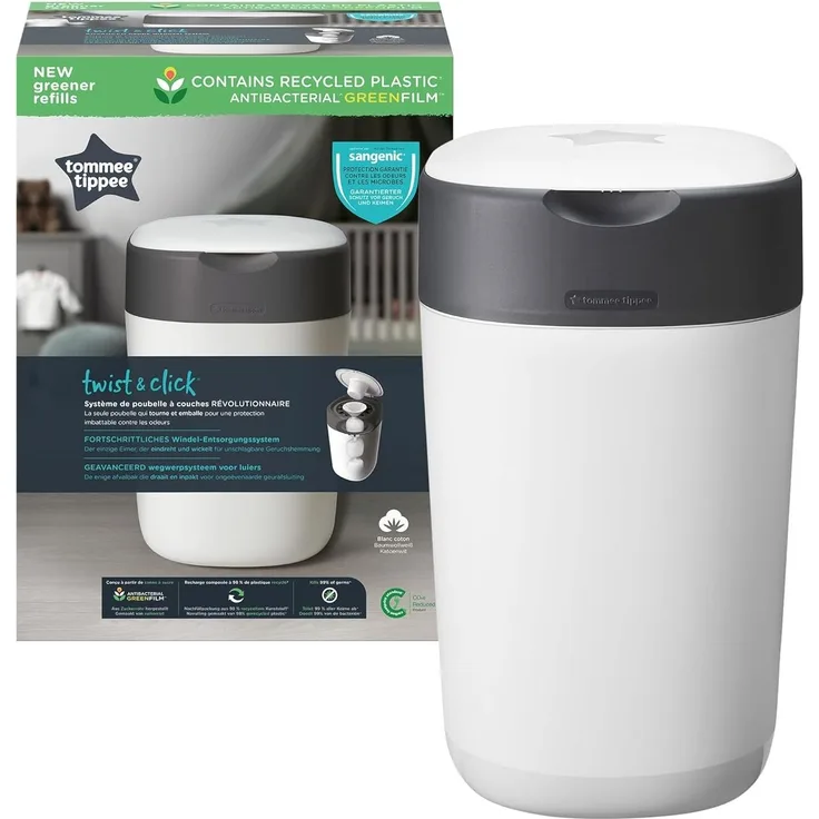 Tommee Tippee Twist and Click Advanced Windeleimer, inkl. 1x Nachfüllkassette mit nachhaltig gewonnener, antibakterieller Greenfilm-Folie, weiß, 2 Stück (1er Pack)