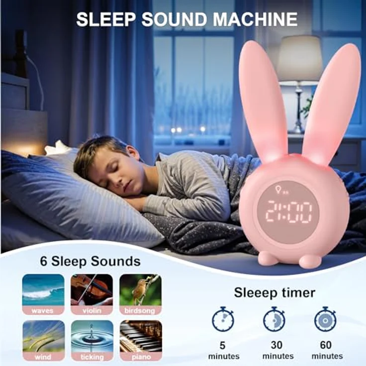 EXTSUD LED Nachtlicht Kinder Lichtwecker Cute Rabbit Kinderwecker, Creative Nachttischlampe Snooze-Funktion zeitgesteuertes Nachtlicht – Bild 3