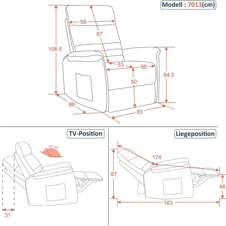 M MCombo Relaxsessel Fernsehsessel mit Liegefunktion Manuell, Massagesessel mit Wärmefunktion, TV Sessel mit Wippfunktion & Drehfunktion, 270° Drehbar, 7013 (Hellgrau) – Bild 3