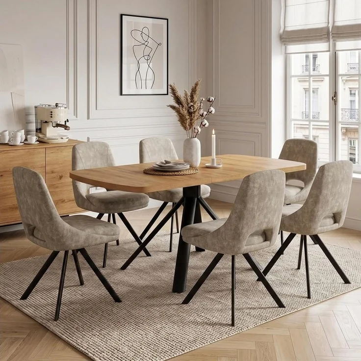 Jiexi Essgruppe Ausziehbare Essgruppe, Holzoptik mit [Esstisch + 6 Lightcoffee Stühle] – Bild 1