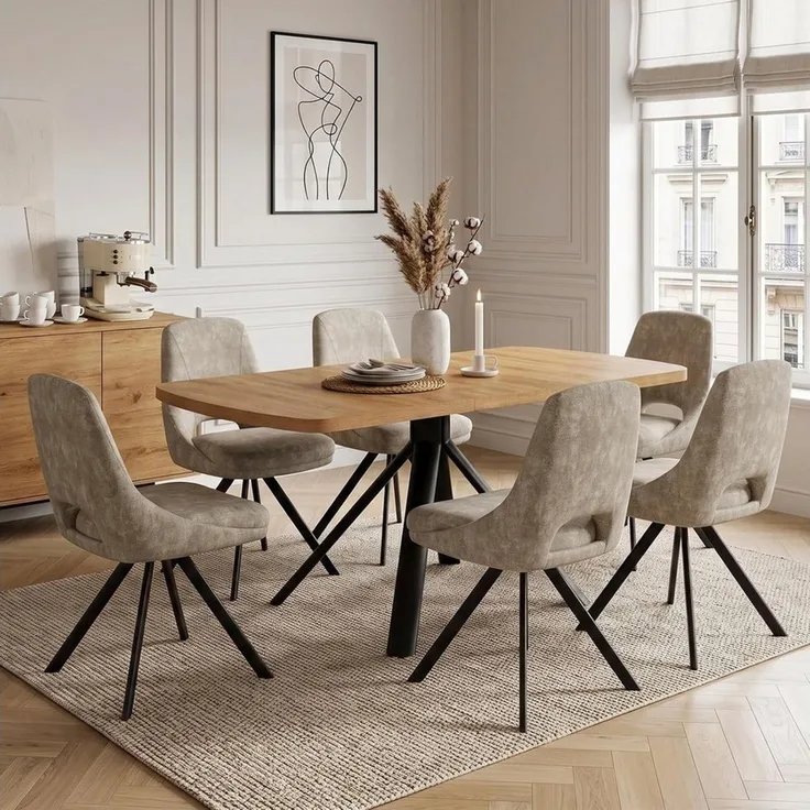 Jiexi Essgruppe Ausziehbare Essgruppe, Holzoptik mit [Esstisch + 6 Lightcoffee Stühle]