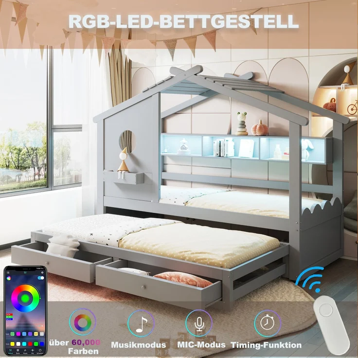 Merax Kinderbett, Jugendbett, 90x200cm, mit Ausziehbett 90x190cm, mit 2 Schubladen, mit USB- und Typ-C-Ladeanschlüssen und LED, mit Einlegeböden, Grau – Bild 2