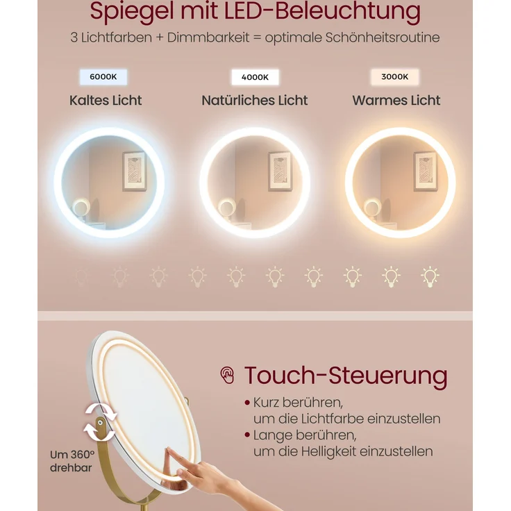 Vasagle Schminktisch, mit Hocker und Beleuchtung, Steckdosenleiste, Spiegel, mit Schubladen, gepolsterter Sitzhocker, Holz mattweiß-blassgold, 40 x 80 x 134,8 cm – Bild 3