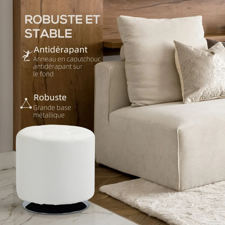 Um 360° drehbare Wohnzimmerschuhbank, runde, mit PU gepolsterte Ottomane mit Stahlgestell, Ø 45,5 x 44,5 cm, weiß – Bild 8