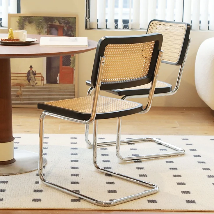 LVHOM 2er Set Freischwinger, Esszimmerstuhl mit Wiener Geflecht, Bauhaus Küchenstuhl aus Natur-Rattan, 25mm Chromgestell, stapelbarer Wohnzimmerstuhl, Schwarz – Bild 3