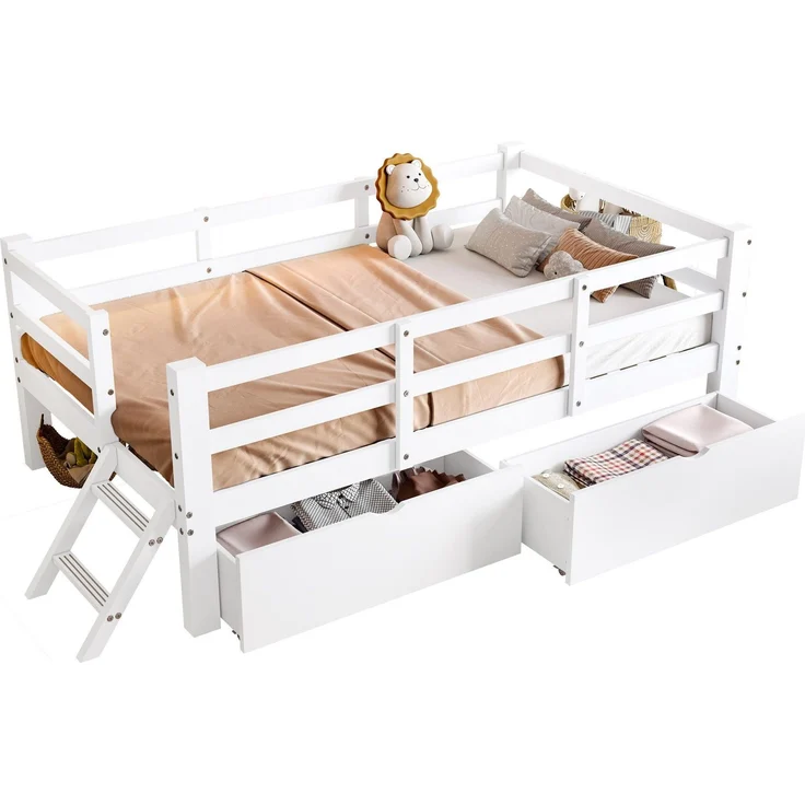 Kinderbett mit Trittleiter und 2 Schubladen, 90x200 cm, Rausfallschutz, Stauraum, Kiefer – Bild 6