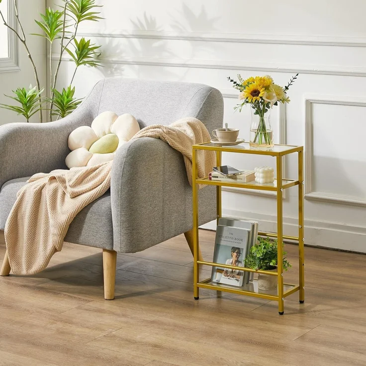 Beistelltisch Glastisch Zeitschriftenhalter 3 Etagen Sofa Goldfarben – Bild 4