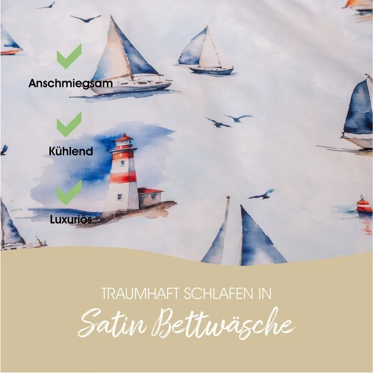 Janine Bettwäsche Mako-Baumwolle, Mako-Satin, 2 teilig, Segelboote, maritim, blau – Bild 3