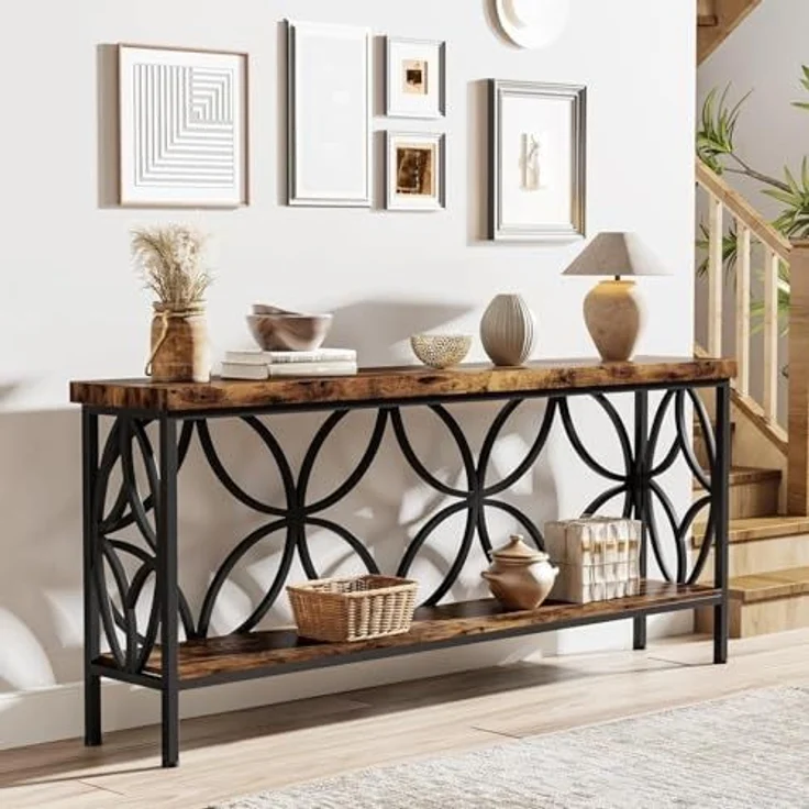 LITTLE TREE Sofatisch, 160 cm großer Industrie-Couchtisch hinter dem Sofatisch mit Aufbewahrungsregalen, schmaler Langer Konsolentisch für den Eingangsbereich, Wohnzimmer, Foyer, Flur, Büro – Bild 6