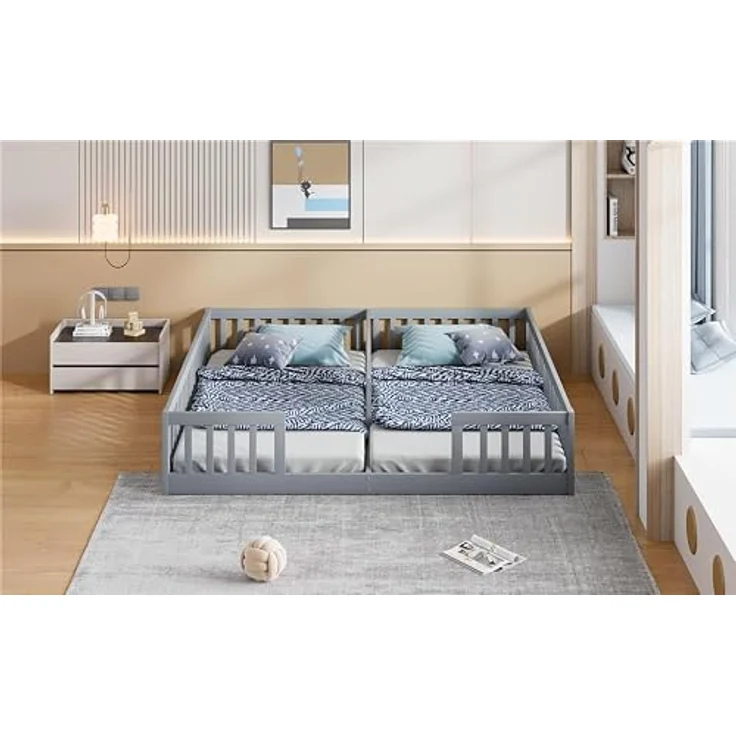 FAVSH Bodenbett 90x200 cm, Doppelbett mit Sicherheitsgitter & Lattenrost Stabiles Jugendbett, Holzbett Jugendbett aus Kiefer für Familien mit 2 Kindern, Kiefernholz, Minimalistischer Stil(Grau – Bild 6