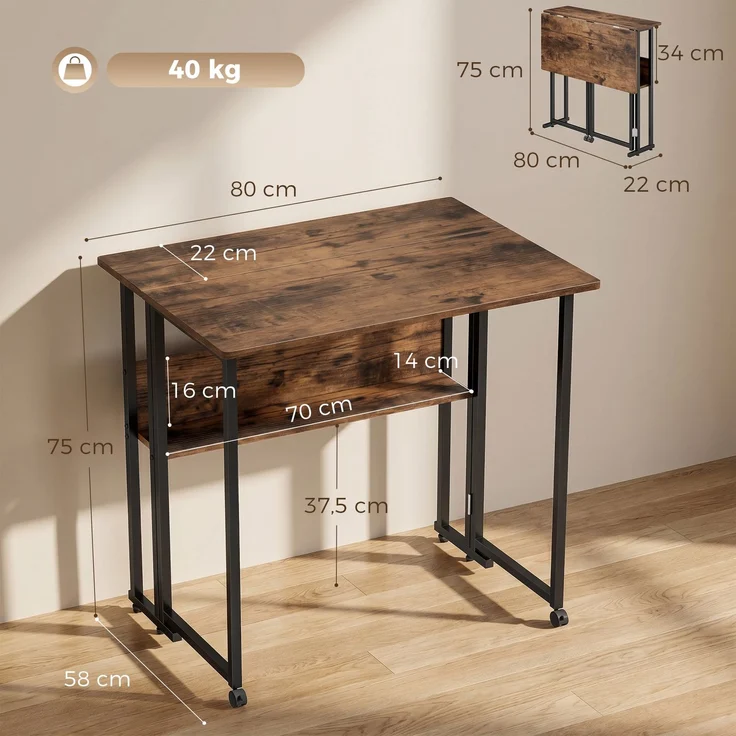 Klappbarer Schreibtisch mit Ablagefach, 80 cm Klapptisch für kleine Räume, Büro, Rustikales Braun--Rustikal-Braun--75x58x80cm--YOUDENOVA – Bild 5