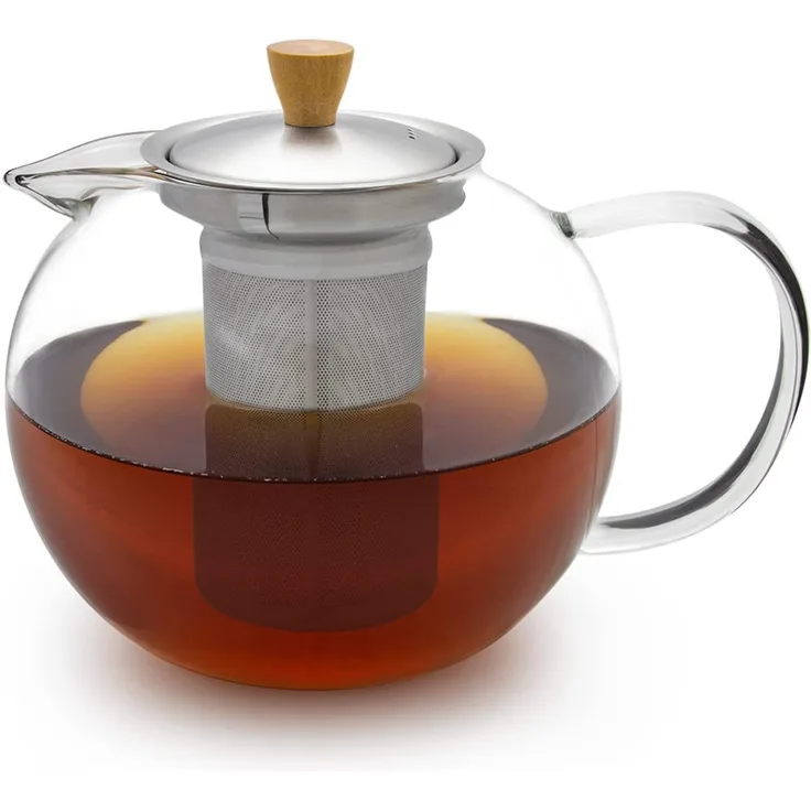 Sencha Teekanne 1,3 l Edelstahl-Siebeinsatz Borosilikatglas Deckel Transparent