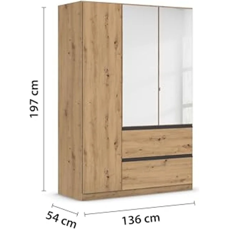 Rauch Möbel Costa, Kleiderschrank für Schlafzimmer, Kinderzimmer, Babyzimmer, Garderobe, 3-türig, Spiegel, 2 Schubladen, Push-to-Open, Zubehör Premium, Farbe Eiche Artisan, Holz, Breite 136 cm – Bild 3
