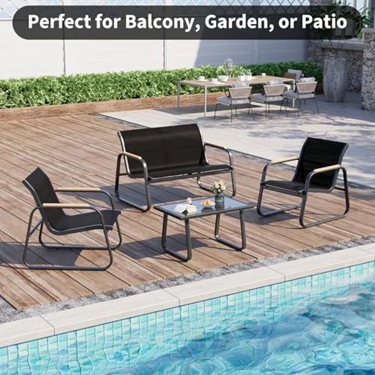 GarveeHome Gartenmöbel Set 4-TLG, Textilene Balkonmöbel Set mit Tisch, Sofa und 2 Stühlen, Stahl, Sitzgruppefür Garten, Balkon, Außen – Bild 5