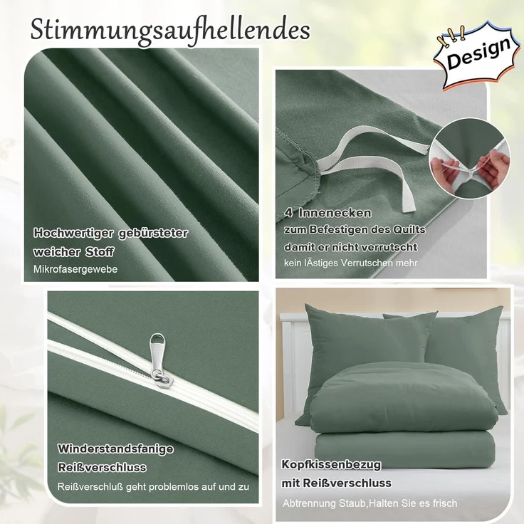 Bettwäsche-Set 155x220 cm Ganzjahres Salbei Grün Mikrofaser – Bild 4