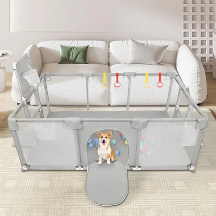 Laufstall, XXL, faltbar, modulierbar, für Babys, mit Barrieren/Netzen/Ozeanball/4 Griffen, extra großer Playpen für Babys und Kleinkinder, Laufgitter, 180 x 120 x 66 cm, hellgrau – Bild 6