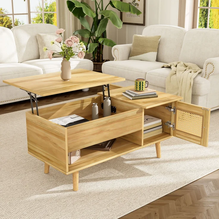 Merax Couchtisch mit anhebbarer Tischplatte und Rattan-Türen, Holzfarbe mit schwarzen Akzenten, Holzfarbe – Bild 5