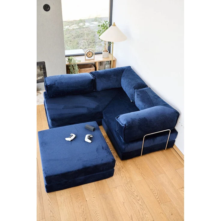 Ecksofa mit Schlaffunktion, Marineblau, 300 cm | Bezug aus 100% geripptem Plüsch, Abnehmbarer Bezug, 4 Kissen inklusive | Pfotenfreundlich & rutschfest – Bild 2